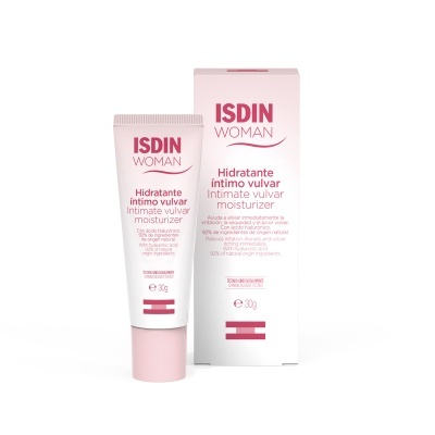 Creme hidratante íntimo vulvar ISDIN Woman em embalagem branca com texto rosa e vermelho