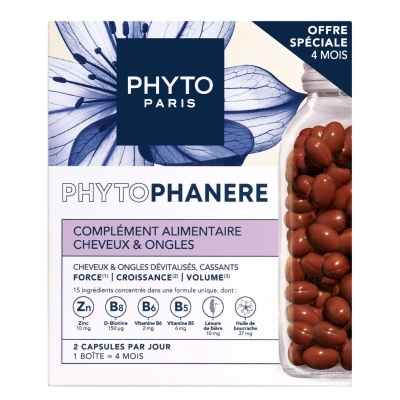 Embalagem de suplemento Phytophanere para cabelo e unhas com cápsulas castanhas