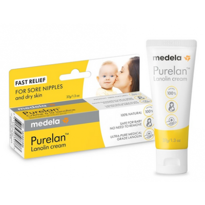 Creme de lanolina Medela Purelan com embalagem branca e amarela e texto sobre alívio para mamilos doridos