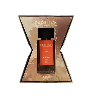 Frasco de perfume PAPILLON na caixa bege em forma de ampulheta