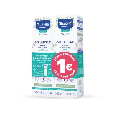 Embalagem de creme Stelatopia Mustela para bebês com selo promocional vermelho.