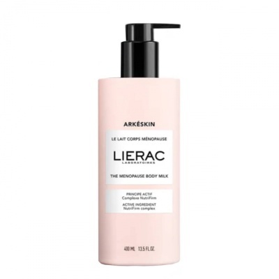 Frasco rosa pálido de leite corporal com doseador preto da marca Lierac para menopausa.