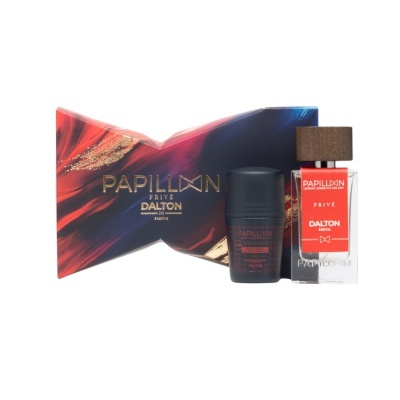 Conjunto de desodorizante e perfume da marca Papillon Privé Dalton com embalagem abstrata colorida