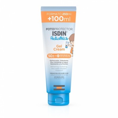 Frasco de protetor solar ISDIN pediátrico gel cream 50+ 350ml azul e branco