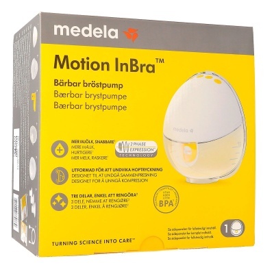 Embalagem da bomba de leite portátil Medela Motion InBra em amarelo e cinza