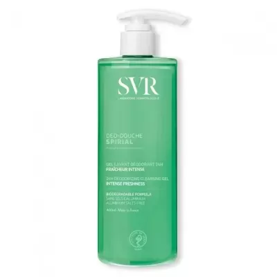 Frasco verde translúcido com tampa de bomba branca de gel de banho SVR Deo-Douche Spirial