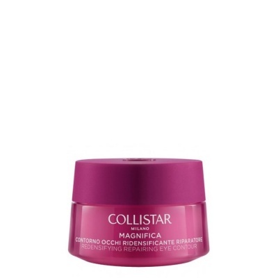 Frasco rosa de creme Collistar para contorno de olhos com texto branco