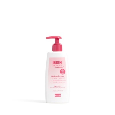 Frasco branco com doseador rosa de Higiene Íntima ISDIN WOMAN em fundo branco.