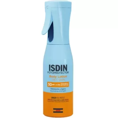 Loção corporal ISDIN FOTOPROTECTOR em spray azul e laranja fator 50