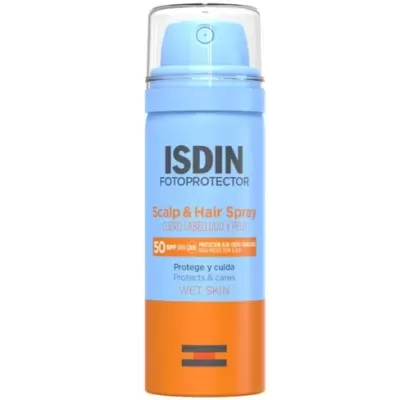 Frasco de spray protector solar ISDIN azul e laranja para cabelo e couro cabeludo