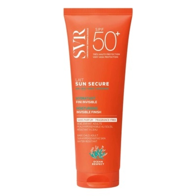 Tubo laranja de protetor solar SVR SPF 50+ com texto em branco e laranja