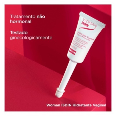 Tubo branco Woman ISDIN Hidratante Vaginal sobre fundo vermelho com texto promocional.