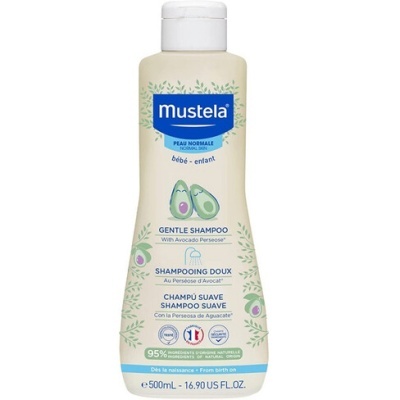 Frasco de shampoo Mustela suave para bebé de 500mL com perseose de abacate