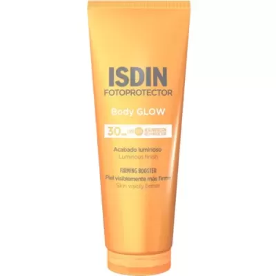 Frasco laranja do protetor solar ISDIN Body Glow FPS 30