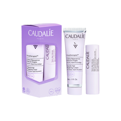 Conjunto Caudalie com Crême Réparatrice para mãos e oídos e Baton Labial hidratante