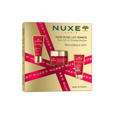 Conjunto de cosméticos NUXE Merveillance LIFT em caixa dourada com fita rosa