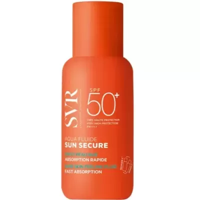 Frasco laranja de proteção solar SVR Aqua Fluide Sun Secure SPF 50+