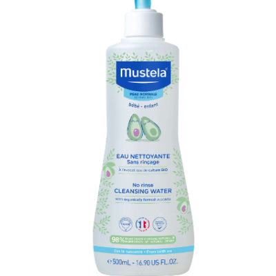 Garrafa de 500ml de água de limpeza sem enxague Mustela para bebés com doseador azul