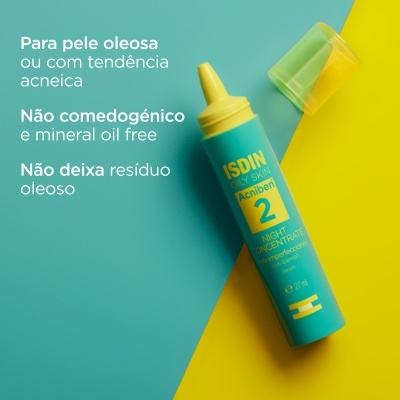 Embalagem azul e amarelo de produto ISDIN para pele oleosa com texto em português sobre cuidados