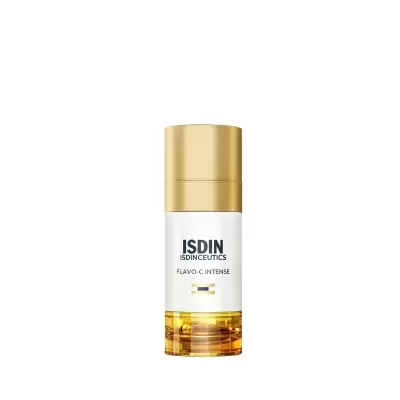 Frasco de produto cosmético ISDIN com tampa dourada e base amarela