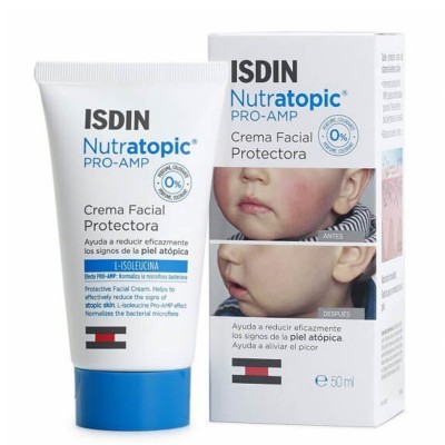 Creme facial protetor ISDIN Nutratopic PRO-AMP com caixa e tubo mostrando fotos antes e depois