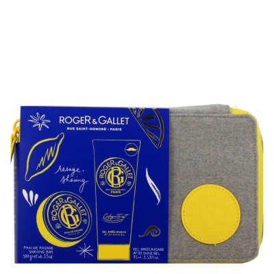 Kit Roger & Gallet com barra de sabão, gel após-barba e bolsa cinza com detalhes amarelos