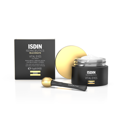 Creme facial ISDIN VITAL EYES em frasco preto com tampa dourada, aplicador preto dourado e caixa preta com texto