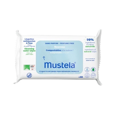 Pacote de toalhitas húmidas Mustela sem perfume, compostáveis, 60 unidades