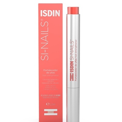 Fortalecedor de unhas SI-NAILS ISDIN em embalagem coral e branca amostra a caneta e a caixa