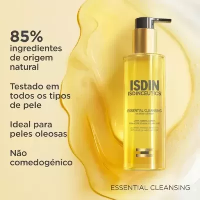 Gel de limpeza ISDIN em frasco amarelo com texto promocional em português sobre fundo amarelo