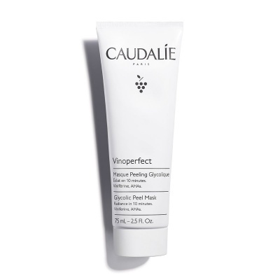 Tubo branco de máscara facial Caudalie Vinoperfect com texto em inglês e francês