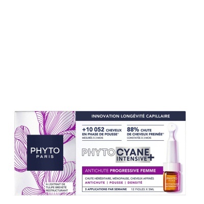 Embalagem branca e roxa de Phyto Paris Phytocyane Intensive+ com texto e ampola de vidro laranja