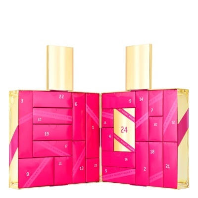 Calendário do advento em formato de perfume com compartimentos numerados em rosa e tampa dourada