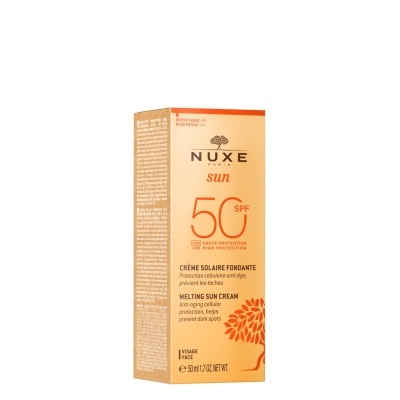 Embalagem caixa de creme solar NUXE sun 50 SPF beige e laranja