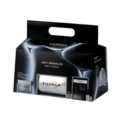 Conjunto de produtos anti-rugas FILORGA Paris com embalagem preta e prateada