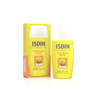 Fotoprotetor ISDIN Fusion Water Magic amarelo com embalagem da mesma cor