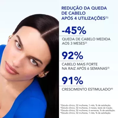 Mulher com cabelo castanho escuro liso e blusa azul com texto informativo sobre queda de cabelo