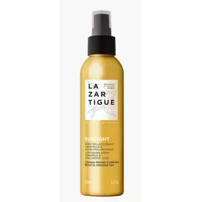 Frasco dourado com tampa preta de spray LAZARTIGUE SUNLIGHT para cabelo loiro a castanho