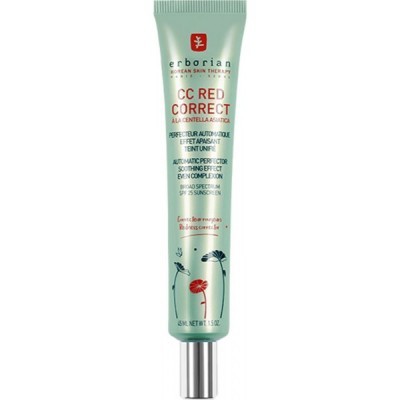 Tubo verde claro de creme CC RED CORRECT com tampa prateada e texto em vermelho e preto