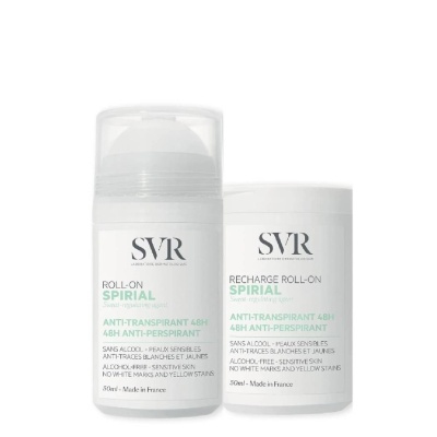 Pack de dois roll-ons desodorizantes SVR SPIRIAL branco com texto preto e verde