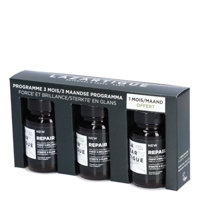 Conjunto de frascos de suplemento alimentar LAZARTIGUE REPAIR para cabelo em embalagem preta