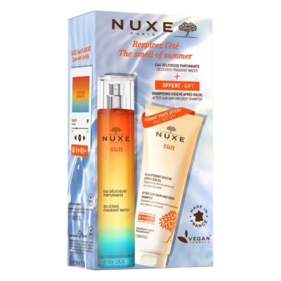 Conjunto de fragrância e creme Nuxe Sun em embalagem azul e branco com texto em castanho e laranja