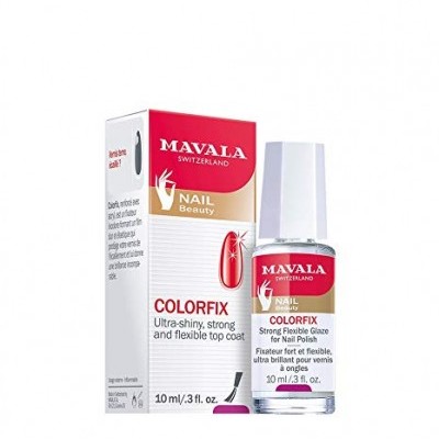 Frasco de top coat COLORFIX da Mavala com caixa branca, vermelha e dourada