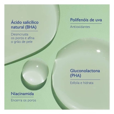 Ingredientes e benefícios de produtos de cuidado da pele com fundo verde claro e manchas de gel transparente