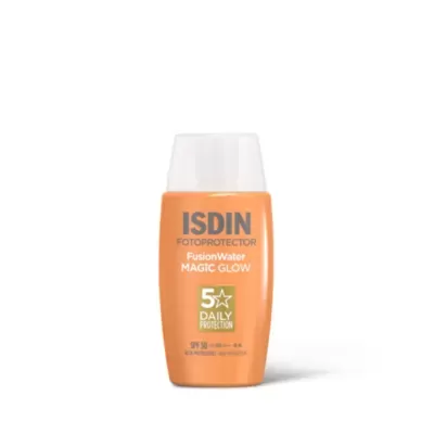 Frasco laranja de protetor solar ISDIN FusionWater Magic Glow com tampa transparente