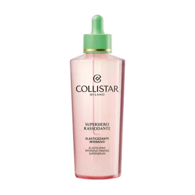 Frasco de sérum rosa com conta-gotas verde e texto COLLISTAR MILANO