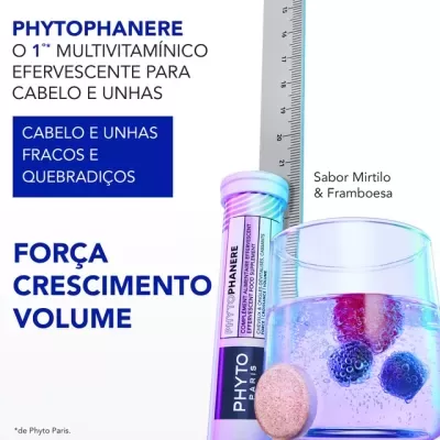 Multivitamínico efervescente Phytophanere para cabelo e unhas com copo de água e frutos do bosque