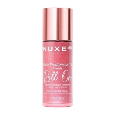 Frasco rosa metálico de óleo seco multi-funções NUXE Roll-On com tampa rosa dourada.