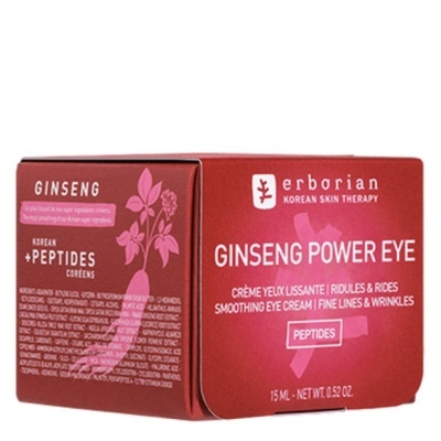 Embalagem vermelha do creme para olhos Erborian Ginseng Power Eye com texto branco e rosa