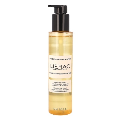 Frasco de óleo de limpeza facial LIERAC com tampa preta e líquido amarelo